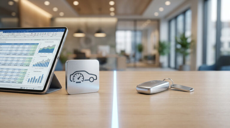 Tablette avec tableau financier et clé de voiture sur un bureau dans un espace de travail moderne.
