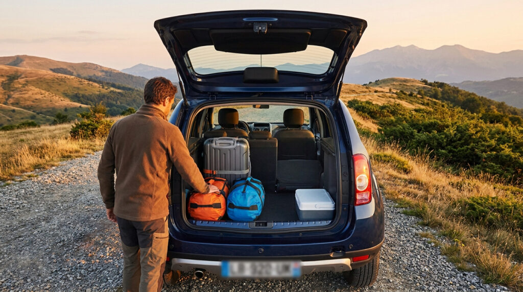 Un homme range ses bagages dans le coffre ouvert d'un Dacia Duster stationné face à un paysage de montagnes.
