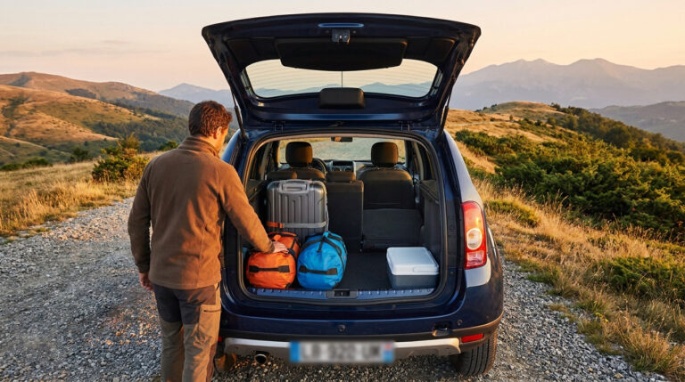 Un homme range ses bagages dans le coffre ouvert d'un Dacia Duster stationné face à un paysage de montagnes.
