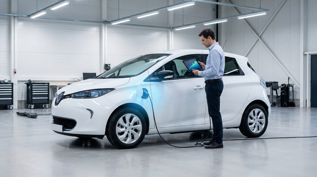 Un technicien examine une tablette devant une Renault Zoé blanche en charge dans un garage.