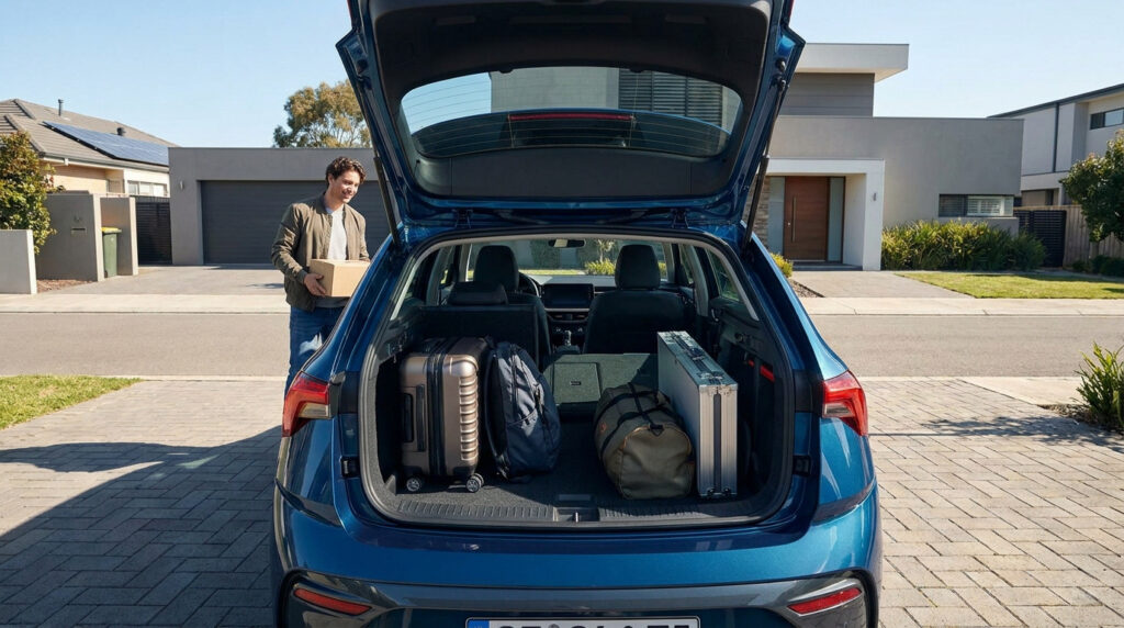 Homme chargeant des bagages dans le coffre ouvert d'une voiture Citroën C4 bleue devant une maison moderne.