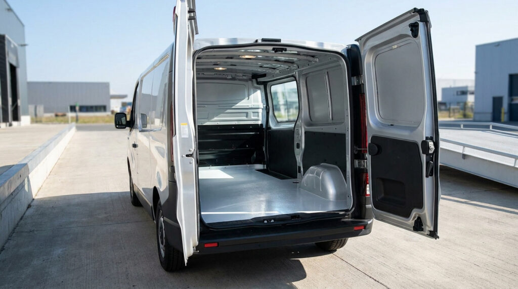 Vue arrière d'un Renault Trafic L2H1 gris avec les portes ouvertes montrant l'espace de chargement vide.