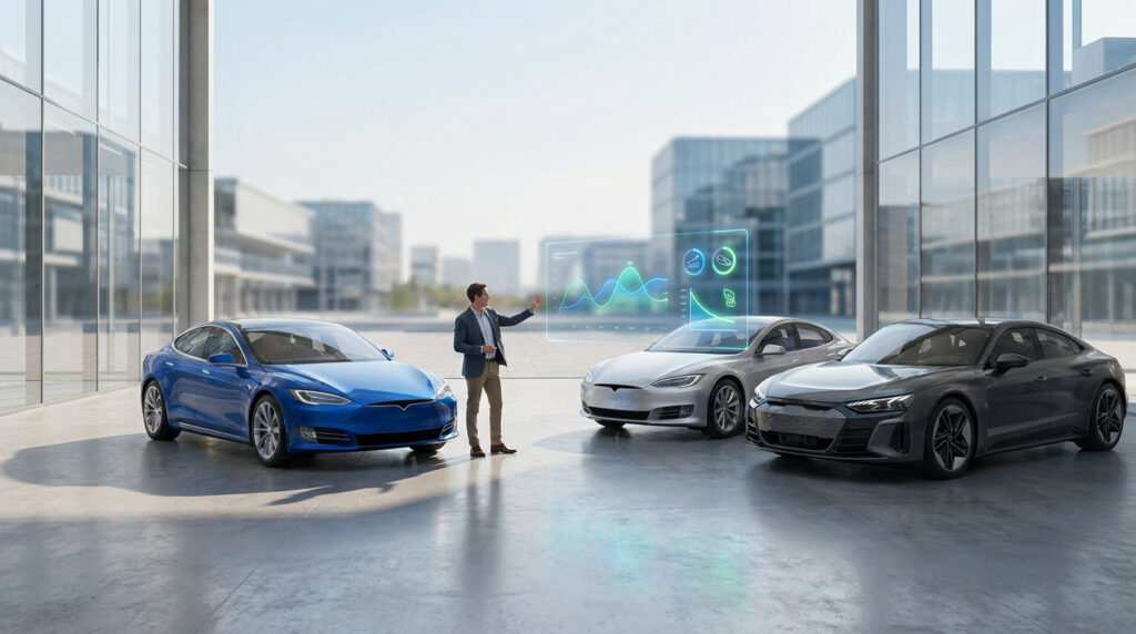 Un homme d'affaires présente des graphiques holographiques entre trois voitures électriques modernes dans un showroom.
