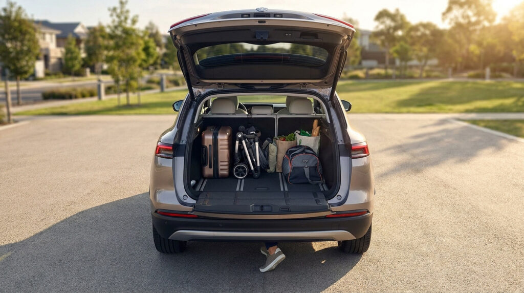 Vue arrière du coffre ouvert du Renault Symbioz rempli de bagages, d'une poussette et de sacs de courses.