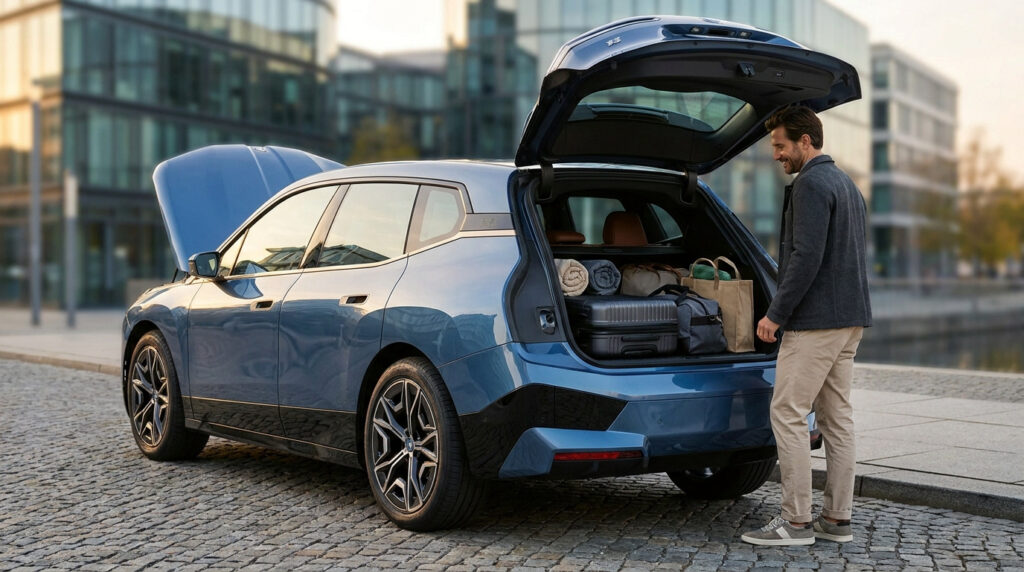 Un homme se tient près d'un SUV BMW iX3 bleu avec le coffre et le capot ouverts, révélant l'espace de chargement.
