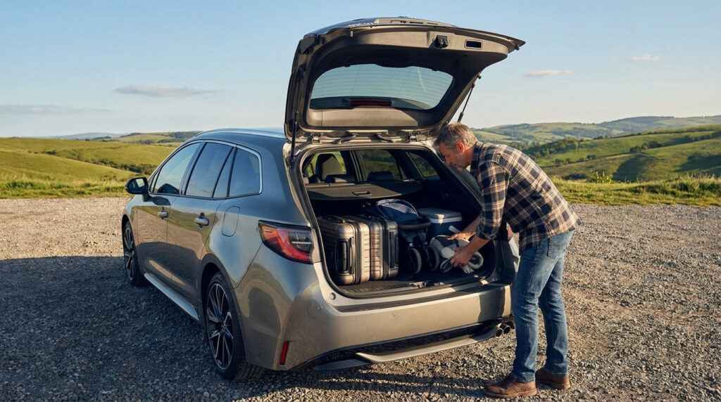 Un homme charge des bagages dans le coffre ouvert d'une Toyota Corolla Touring Sports dans un paysage rural.