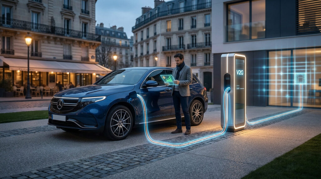 Un homme utilise une borne de recharge V2G pour revendre l'électricité de sa voiture Mercedes dans une rue parisienne.