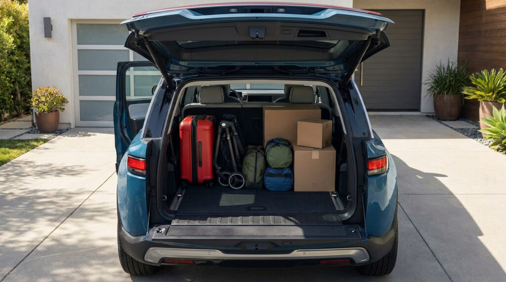 Coffre ouvert d'un Renault Kangoo bleu chargé de valises et de cartons devant une maison moderne.