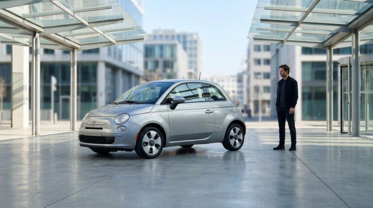 Une Fiat 500 grise garée sous un abri moderne avec un homme debout à côté.