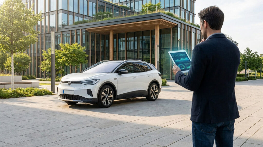Un homme regarde des graphiques sur une tablette devant une voiture électrique Volkswagen blanche garée.