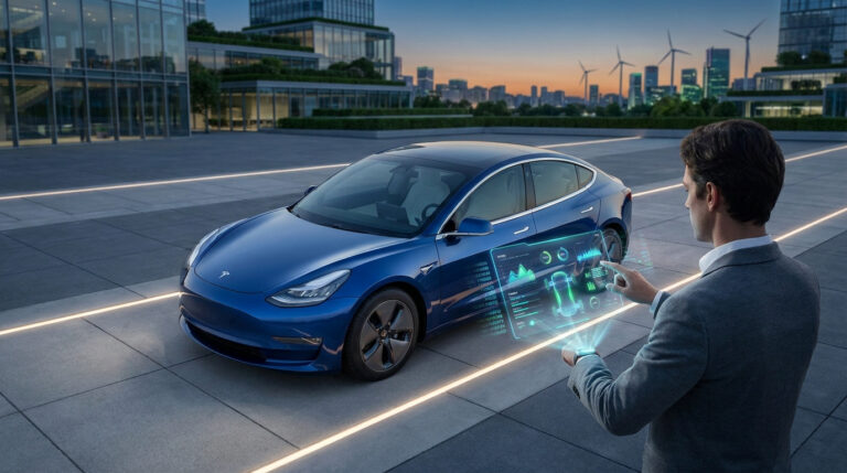 Un homme en costume interagissant avec un écran holographique affichant les données d'une voiture Tesla bleue.