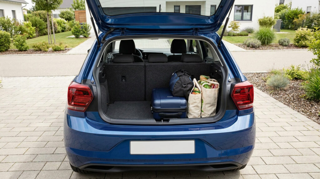 Coffre ouvert d'une Volkswagen Polo bleue contenant une valise bleue, un sac de sport et des sacs de courses en tissu.