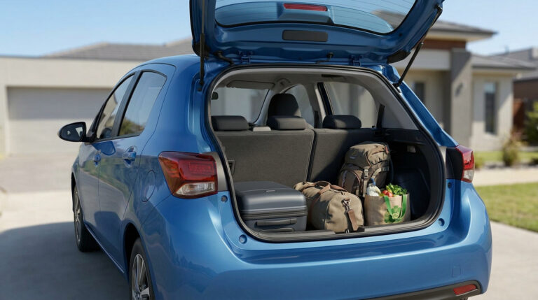 Coffre ouvert d'une Skoda Fabia bleue rempli de bagages et de courses, garée devant une maison.