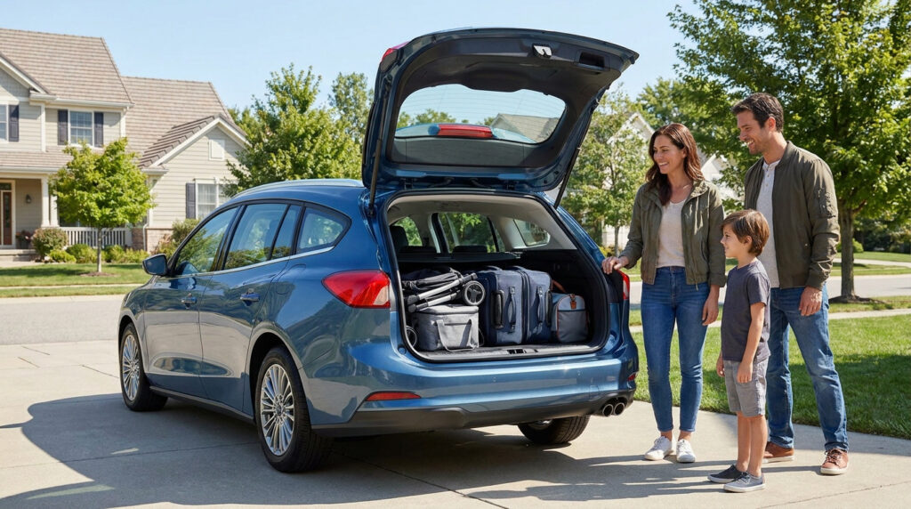 Famille regardant le coffre ouvert d'une Ford Focus SW bleue chargée de valises devant leur maison.
