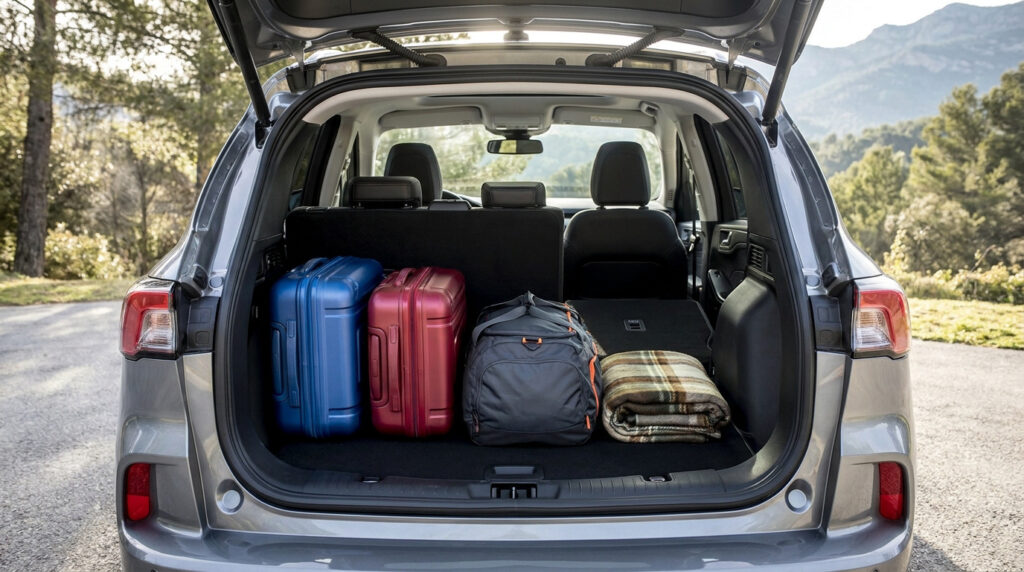 Vue arrière d'un coffre de Ford Kuga ouvert, rempli de bagages et d'un sac de sport sur un parking.