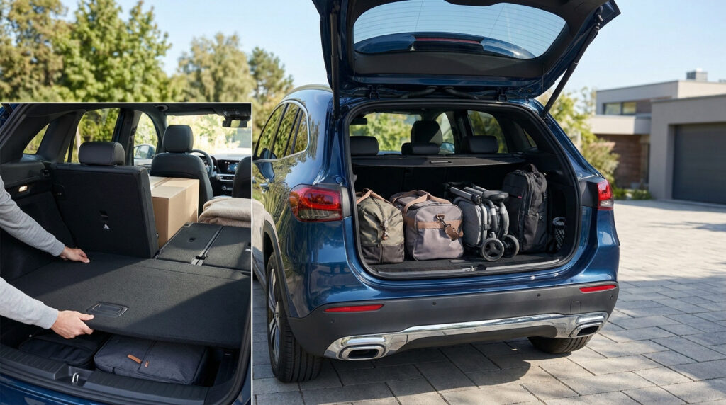 Nissan Qashqai bleu avec coffre ouvert rempli de bagages et vue intérieure de la modularité des sièges arrière.