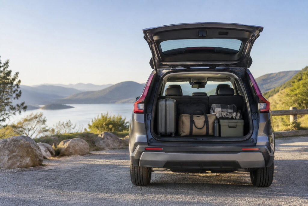 Coffre ouvert d'un Honda CR-V gris chargé de bagages, stationné face à un lac et des montagnes.