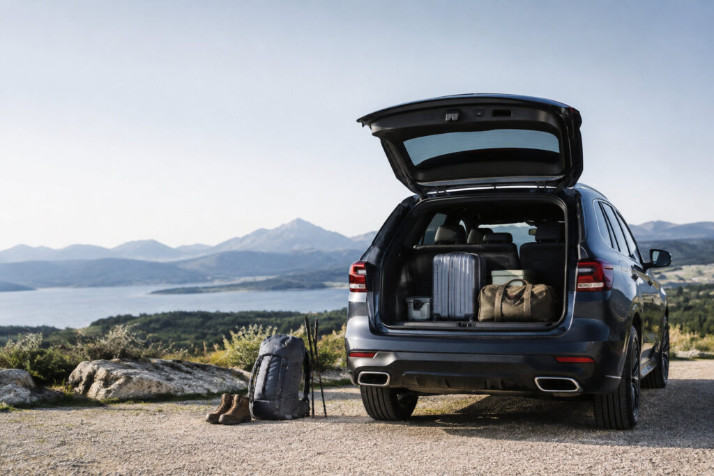Coffre d'un BMW X3 ouvert, chargé de bagages, stationné face à un paysage de lac et de montagnes.