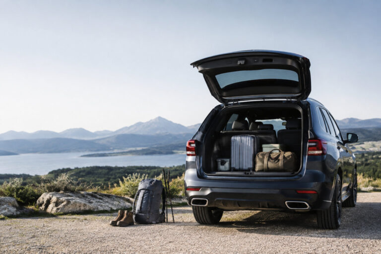 Coffre d'un BMW X3 ouvert, chargé de bagages, stationné face à un paysage de lac et de montagnes.