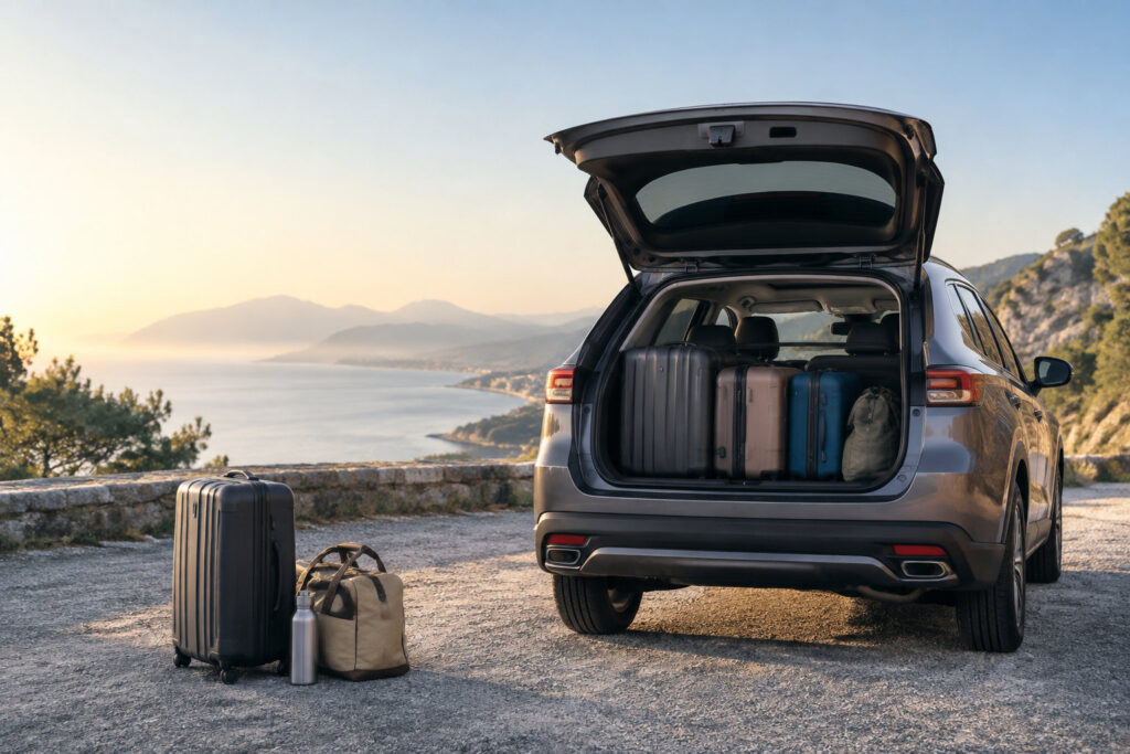 Vue arrière d'un Honda HR-V coffre ouvert, rempli de valises face à un paysage côtier au coucher du soleil.