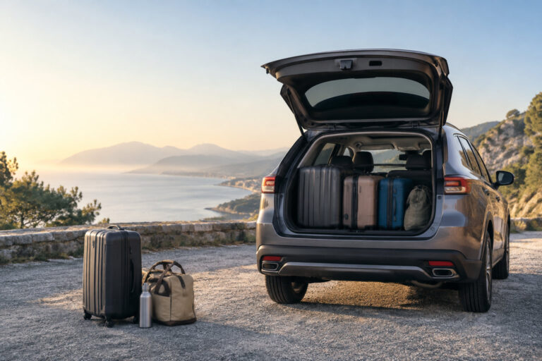 Vue arrière d'un Honda HR-V coffre ouvert, rempli de valises face à un paysage côtier au coucher du soleil.