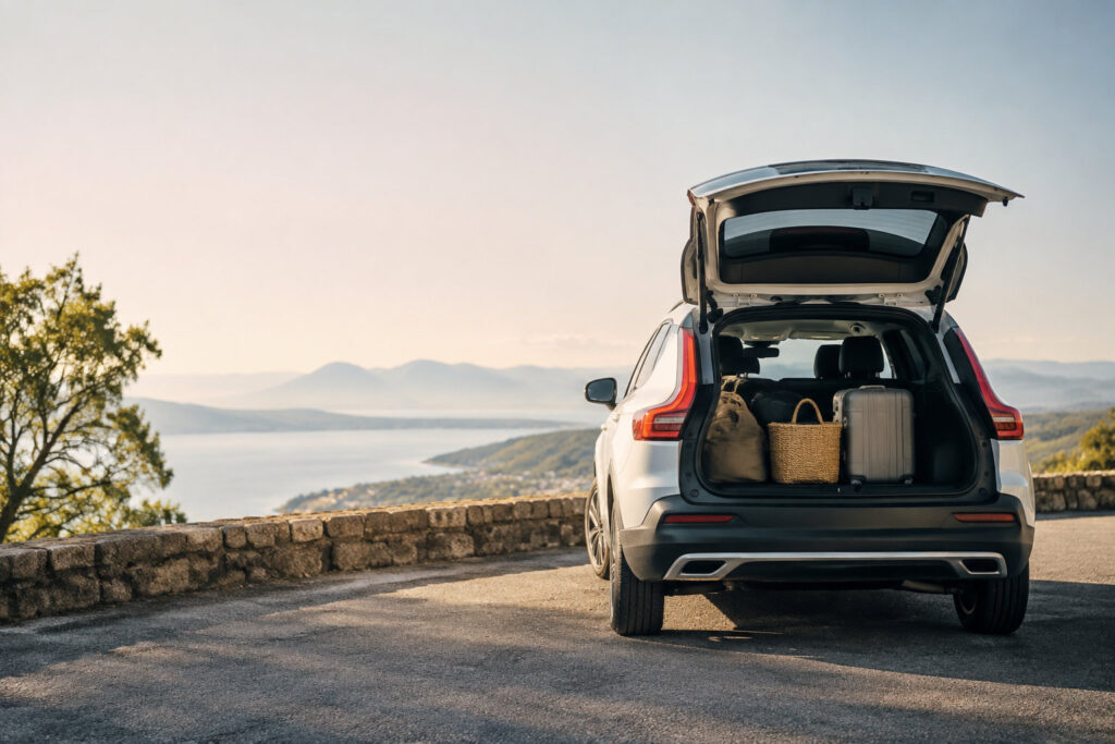 Vue arrière d'un Volvo XC40 blanc coffre ouvert, chargé de bagages, face à un paysage marin panoramique.