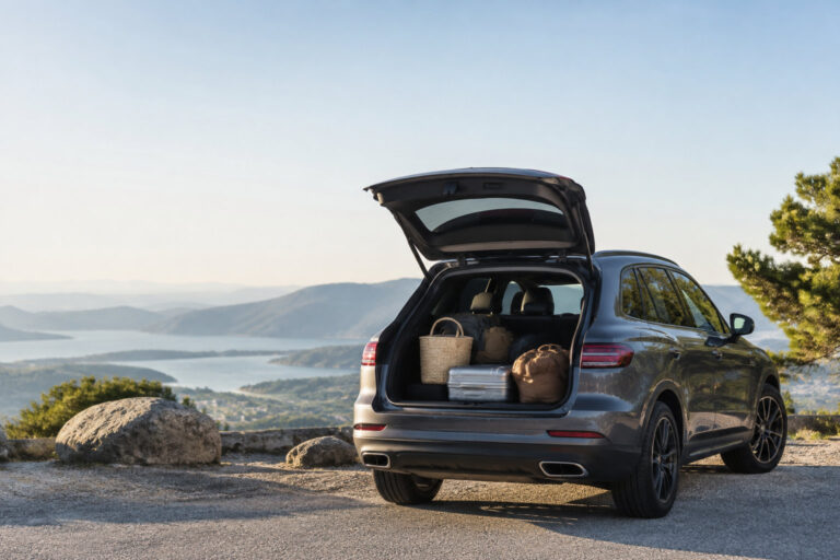 Mercedes GLC gris avec le coffre ouvert contenant des bagages, garé sur un point de vue panoramique.