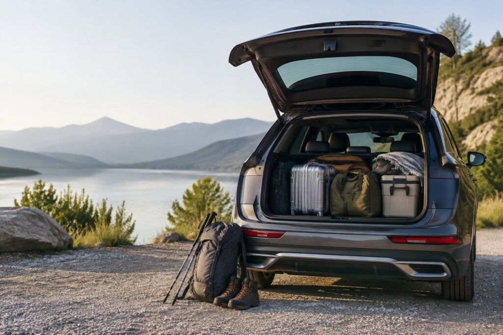 Coffre ouvert d'une Audi Q5 rempli de bagages de voyage, avec des chaussures de randonnée et un sac à dos posés au sol.