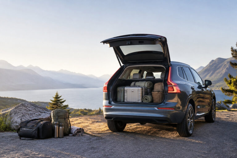 Un Volvo XC60 stationné face à un lac avec le coffre ouvert, rempli de bagages et d'équipements de voyage.