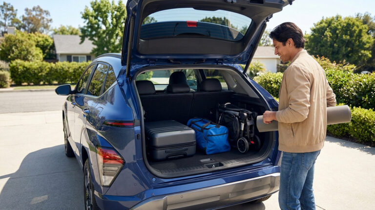 Un homme charge un tapis de yoga dans le coffre ouvert d'un Hyundai Kona bleu contenant déjà une valise et une poussette.
