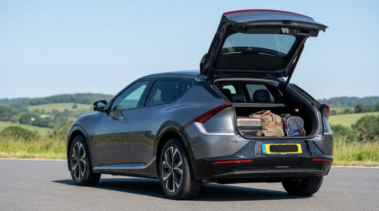 Kia EV6 gris garé sur une route avec le coffre ouvert contenant plusieurs sacs de voyage.