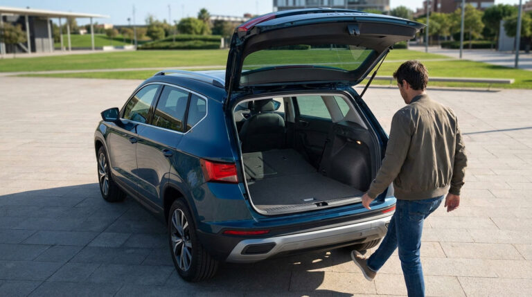 Un homme ouvre le coffre de son Seat Ateca bleu en passant son pied sous le pare-chocs arrière.