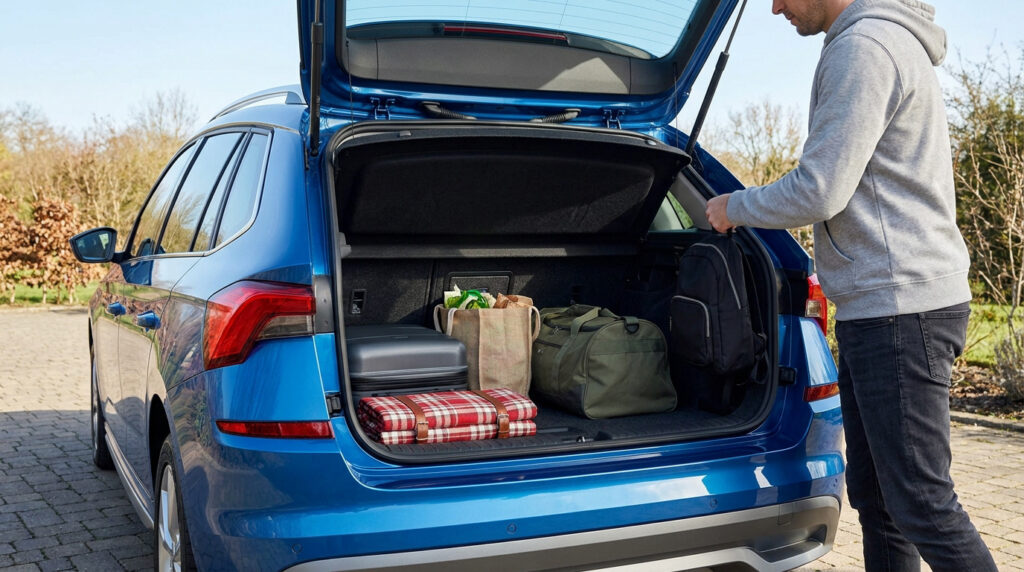 Un homme charge des bagages dans le coffre ouvert d'un Skoda Kamiq bleu.