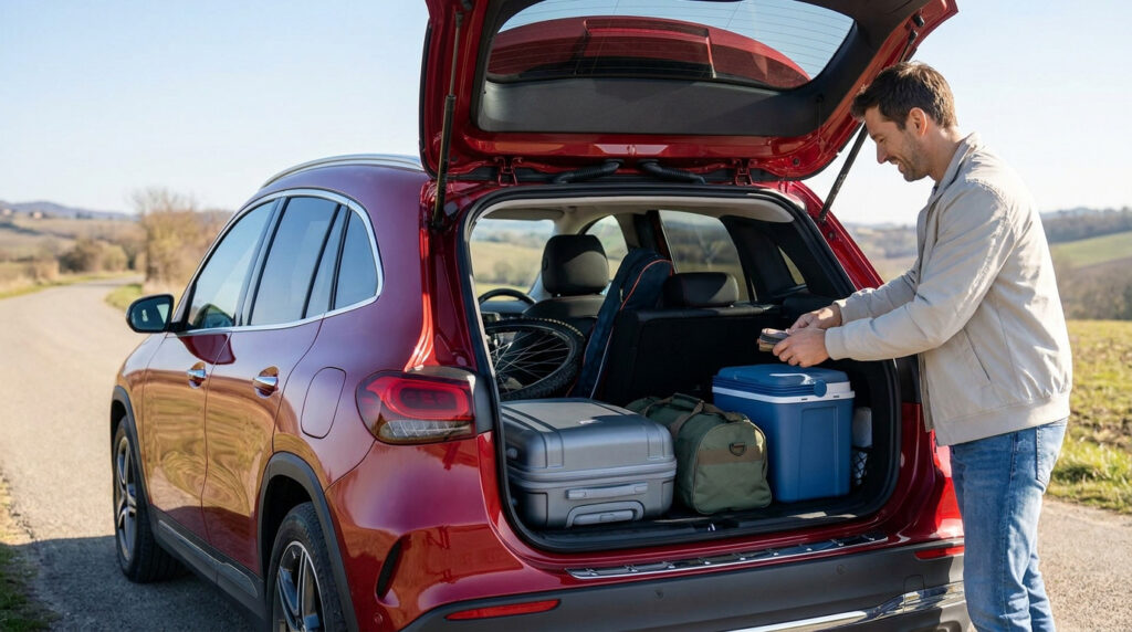 Un homme charge des bagages et une roue de vélo dans le coffre ouvert d'un SUV Seat Arona rouge garé en extérieur.