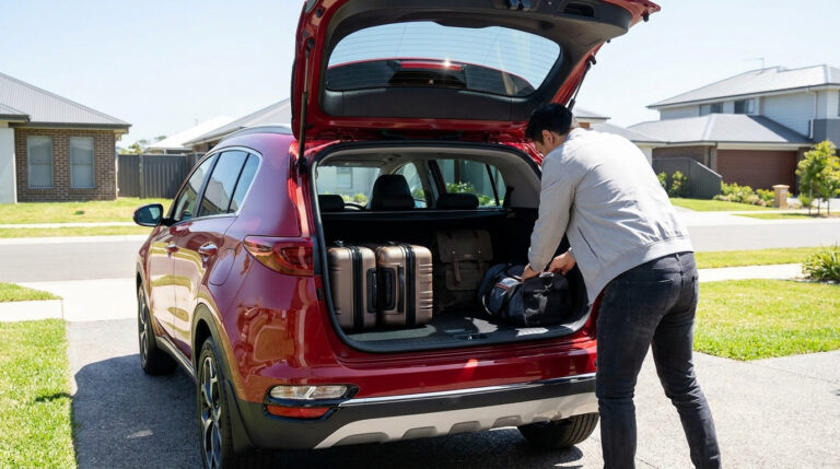 Un homme charge ses bagages dans le coffre ouvert d'un Kia Sportage rouge stationné dans une allée résidentielle.